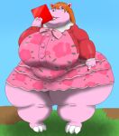 alythewolfcat animal_crossing anthro belly big_belly big_breasts bitty_(animal_crossing) breasts brown_hair clothing common_hippopotamus dress female hair hi_res hippopotamid huge_breasts huge_hips hyper hyper_hips jacket makeup mammal morbidly_obese nintendo obese overweight overweight_female pink_body solo tablet_computer tablet_pen topwear wide_hips