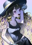  1girl absurdres anya_melfissa black_hat black_pants black_tank_top blonde_hair blunt_bangs blush breasts brown_hair english_commentary gloves grey_background hat highres hololive hololive_indonesia long_hair looking_at_viewer multicolored_hair open_mouth pants pungson_mori purple_eyes small_breasts solo sweat tank_top teeth upper_teeth_only very_long_hair virtual_youtuber white_gloves 