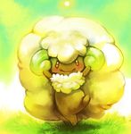  arms_up commentary creature full_body gen_5_pokemon glitchedpuppet grass green highres leg_up light looking_at_viewer no_humans outstretched_arms pokemon pokemon_(creature) shadow sheep smile solo standing standing_on_one_leg sun whimsicott yellow 