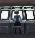  arcade arcade_cabinet black_hair from_behind glowing highres koyaa original playing_games sega_astro_city short_hair sitting solo stool 