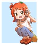  1girl absurdres aged_down blue_background blue_pants blush_stickers border cabbage_(chlehd2239) child collarbone dot_nose hair_ornament hairpin highres idolmaster idolmaster_million_live! idolmaster_million_live!_theater_days legs_together long_hair looking_at_viewer ogami_tamaki open_mouth orange_eyes orange_footwear orange_hair outside_border pants parted_bangs shirt short_sleeves side_ponytail snail solo squatting upper_body white_border white_shirt yellow_bag 