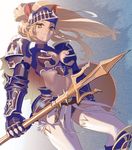  aqua_eyes armor backlighting bad_id bad_pixiv_id blonde_hair breasts buckler expressionless faulds from_below gauntlets greaves kegani_(kegani01) long_hair looking_at_viewer medium_breasts midriff navel original pauldrons polearm shield solo standing tan thighhighs trident visor_(armor) warrior weapon white_legwear wind 