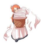  1girl :t absurdres antenna_hair apron basket black_dress black_footwear blush cabbage_(chlehd2239) dress full_body highres holding holding_basket idolmaster idolmaster_million_live! idolmaster_million_live!_theater_days laundry laundry_basket long_hair long_sleeves maid_apron maid_headdress ogami_tamaki orange_hair parted_bangs round_eyewear side_ponytail sidelocks simple_background solo v-shaped_eyebrows very_long_hair white_apron white_background 