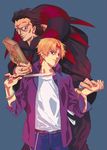  bad_id bad_pixiv_id book by_esc caster_(fate/zero) fate/zero fate_(series) jacket knife multiple_boys orange_hair purple_jacket uryuu_ryuunosuke 