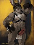  abs anthro balls biceps big_muscles bondage_gear chest_tuft erection fur grin kougatalbain lagomorph leather looking_at_viewer male mammal muscles nude pecs penis pose rabbit solo tuft wfa 