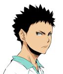  1boy aoba_johsai_volleyball_uniform aqua_collar black_hair enami_katsumi from_side grey_eyes haikyuu!! iwaizumi_hajime looking_at_viewer male_focus portrait simple_background solo spiked_hair sportswear volleyball_uniform white_background 