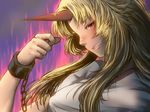  aura blonde_hair blush chain grin highres horn hoshiguma_yuugi long_hair misumi_kouji red_eyes smile solo touhou upper_body 