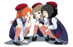  3girls :d black_dress black_footwear black_hair blue_eyes blunt_bangs blush closed_eyes collar dot_nose dress elementary_schoolmate_(idolmaster) idolmaster idolmaster_million_live! idolmaster_million_live!_theater_days itohari_(mamiiori1) light_brown_hair loafers long_hair long_sleeves mary_janes multiple_girls nakatani_iku official_alternate_costume ogami_tamaki open_mouth orange_eyes orange_hair parted_bangs pinafore_dress school_uniform shadow shirt shoes short_hair simple_background sleeveless sleeveless_dress smile socks straight_hair suou_momoko tint_me_(idolmaster) wavy_hair white_background white_collar white_shirt white_socks 