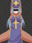  aozora_soda areola areolae arms_up blindfold blue_hair blush bodysuit breasts chunsoft cross dragon_quest dragon_quest_iii enix erect_nipples hat highres open_mouth priest_(dq3) sweat thighs 