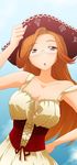  :o breasts brown_eyes brown_hair cleavage corset derivative_work dress glasses hand_on_hip hat highres kami_nomi_zo_shiru_sekai katsuragi_mari large_breasts long_hair mature no_bra semi-rimless_eyewear solo strap_slip under-rim_eyewear von-cx 