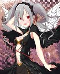  drill_hair grey_hair hair_ribbon highres idolmaster idolmaster_cinderella_girls kanzaki_ranko navel red_eyes ribbon solo twin_drills twintails wings 