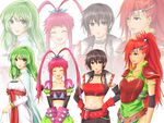  4girls armor belt black_hair blue_eyes breasts cape chelsea_torn choker elbow_gloves eyes_closed gloves green_hair long_hair mary_argent midriff multiple_girls navel open_mouth philia_felice pink_hair ponytail purple_eyes red_hair rutee_katrea short_hair tales_of_(series) tales_of_destiny 