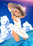  arm_up bad_id bad_pixiv_id blue_sky blush cloud dancho_(dancyo) day dress dutch_angle grey_eyes hand_on_headwear hat lens_flare looking_at_viewer ocean off_shoulder original see-through short_hair silver_hair skirt sky solo strap_slip straw_hat sun sundress tan tanline water wet wet_clothes wet_dress white_skirt 
