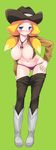  bad_id bad_pixiv_id blonde_hair blue_eyes blush boots breasts cowboy_hat danball_senki endou_masatoshi freckles full_body green_background hat jacket jessica_kaios knee_boots large_breasts leaning_forward navel nipples open_clothes open_jacket panties pants_down solo twintails underwear 