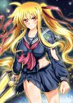  bardiche blonde_hair blood-c blood-c_the_last_dark blush cosplay diesel-turbo fate_testarossa hair_ribbon kisaragi_saya kisaragi_saya_(cosplay) long_hair lyrical_nanoha mahou_shoujo_lyrical_nanoha_strikers midriff mizuki_nana red_eyes red_ribbon ribbon school_uniform seiyuu_connection skirt solo sword torn_clothes twintails weapon 