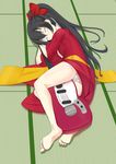  absurdres barefoot black_hair closed_eyes feet guitar highres hug instrument japanese_clothes k-on! kimono long_hair lying nakano_azusa on_side panties pantyshot ponytail red_kimono ribbon sleeping solo tatami totto underwear yuiazu_(unit) yukata 