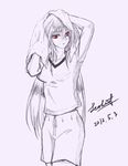  casual leoheart long_hair lyrical_nanoha mahou_shoujo_lyrical_nanoha mahou_shoujo_lyrical_nanoha_a's monochrome red_eyes reinforce shirt shorts sketch solo spot_color towel very_long_hair 