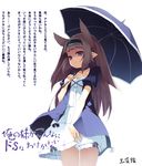  animal_ears blue_eyes brown_hair choker collarbone copyright_request hairband lolita_hairband long_hair nekomu parted_lips pointy_ears skirt solo text_focus translation_request umbrella white_skirt 