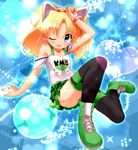  ;p animal_ears ankle_boots bare_shoulders black_legwear blue_background blue_eyes boots bracelet cat_ears cross-laced_footwear fake_animal_ears frilled_skirt frills hairband hand_on_own_head highres jewelpet_(series) jewelpet_twinkle jewelry lace-up_boots legs_folded looking_at_viewer miniskirt miria_marigold_mackenzie nyama one_eye_closed sitting skirt solo sparkle thighhighs thighs tongue tongue_out twintails 