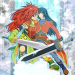  1boy 1girl armor belt blue_eyes blue_hair breasts character_request cleavage coat dalis_vincent dark_skin gloves long_hair mary_argent pants ponytail purple_eyes red_hair shoes sword tales_of_(series) tales_of_destiny weapon 