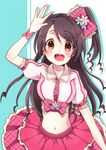  blush bow brown_eyes brown_hair crop_top frills hair_bow hair_ribbon half_updo idolmaster idolmaster_cinderella_girls md5_mismatch midriff naju_soreiyu navel one_side_up open_mouth pink_check_school ribbon shimamura_uzuki skirt 