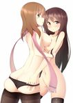  ass asymmetrical_docking black_hair black_legwear black_panties breast_press breasts brown_hair butt_crack green_eyes kuroneko_shiro long_hair matsumi_kuro matsumi_yuu medium_breasts multiple_girls navel nipples nude panties panty_pull pantyhose pantyhose_pull red_eyes saki saki_achiga-hen scarf siblings sisters skindentation thighhighs topless underwear undressing yuri 