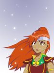  1girl armor breasts brown_eyes long_hair mary_argent open_mouth orange_hair ponytail snow tales_of_(series) tales_of_destiny tears 