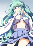  bare_shoulders breasts detached_sleeves exion_(neon) frog_hair_ornament green_eyes green_hair hair_ornament hair_tubes highres kochiya_sanae long_hair medium_breasts midriff navel skirt smile snake solo touhou 