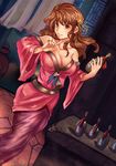  bare_shoulders bottle breasts brown_eyes brown_hair cleavage dutch_angle hair_ornament large_breasts long_hair looking_at_viewer original skirt smile solo suoni_(deeperocean) 