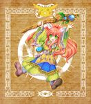  androgynous asuka_usagi bad_id bad_pixiv_id boots facepaint fang feathers green_eyes hair_feathers long_hair popoi rabite red_hair seiken_densetsu seiken_densetsu_2 solo staff tunic 