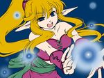  bare_shoulders blonde_hair blue_eyes breasts bridal_gauntlets bustier cleavage earrings jewelry k_a_y_a long_hair magic medium_breasts open_mouth pointy_ears primm sash seiken_densetsu seiken_densetsu_2 solo 
