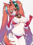 1girl absurdly_long_hair acaa bikini blush breasts capelet christmas daiwa_scarlet_(umamusume) fur-trimmed_bikini fur-trimmed_capelet fur-trimmed_gloves fur-trimmed_headwear fur_trim gloves hat highres hip_bones large_breasts long_hair looking_at_viewer red_bikini red_capelet red_gloves santa_bikini santa_costume santa_gloves santa_hat side-tie_bikini_bottom simple_background swimsuit umamusume very_long_hair white_background 