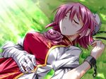  bandages closed_eyes cuffs double_bun flower hemogurobin_a1c ibaraki_kasen light_rays lying on_back on_grass on_ground parted_lips pink_flower pink_hair pink_rose rose shackles shirt short_hair sleeping solo sunbeam sunlight tabard touhou 