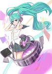  absurdres floating_hair gloves green_eyes green_hair happy_birthday hatsune_miku headphones highres long_hair shennai_misha skirt solo twintails very_long_hair vocaloid 