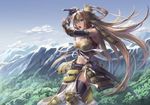 armor black_legwear blue_eyes breasts brown_hair cleavage cloud cuboon day forest gauntlets holding japanese_armor kaihime katana kusazuri landscape long_hair medium_breasts mountain nature open_mouth ribbon scabbard sengoku_taisen sheath sky solo sword thighhighs weapon 