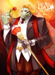  beancurd belt bone cane character_name copyright_name diamond flower formal highres jewelry league_of_legends male_focus necktie orange_hair red_eyes red_flower red_rose red_scarf ring rose scarf sion skull solo sparkle suit thorns 