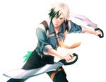  black_hair dual_wielding green_eyes holding holster jarako_(gaillardia) ludger_will_kresnik male_focus multicolored_hair necktie pants reverse_grip serious sleeves_rolled_up solo suspenders sword tales_of_(series) tales_of_xillia tales_of_xillia_2 thigh_holster two-tone_hair weapon white_background white_hair 