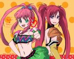  2girls back breasts chelsea_torn choker elbow_gloves gloves green_eyes long_hair midriff multiple_girls nanaly_fletch navel pink_hair ponytail purple_eyes red_hair tales_of_(series) tales_of_destiny tales_of_destiny_2 twintails 