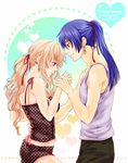  1girl blue_eyes blue_hair blush brown_eyes character_name copyright_name couple earrings from_side hair_ribbon heart hetero holding_hands jewelry lingerie long_hair macross macross_frontier orange_hair panties polka_dot polka_dot_panties ponytail ribbon saotome_alto sheryl_nome smile star tank_top underwear zen69 