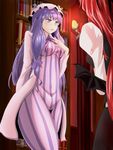  awasarin book breasts commentary crescent dress embarrassed hat koakuma long_hair medium_breasts multiple_girls patchouli_knowledge purple_eyes purple_hair red_hair striped striped_dress sweatdrop touhou wings 