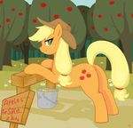  anus apple applejack_(mlp) blonde_hair bucket coin cowboy_hat cutie_mark devo devo87 ears english_text equine female feral friendship_is_magic fruit green_eyes hair hat horse long_hair looking_at_viewer mammal money ms_paint my_little_pony outside pony pussy sign solo teeth text tree wood 