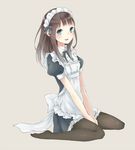  apron aquariumtama between_thighs black_legwear blue_eyes blush brown_background brown_hair flat_chest frills hair_ribbon long_hair looking_at_viewer maid maid_headdress muted_color neck_ribbon no_shoes on_ground open_mouth original pantyhose parted_lips pleated_skirt puffy_sleeves ribbon short_sleeves simple_background sitting skirt solo wariza 