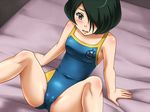  1girl awa bed black_hair blush bob_cut breasts cameltoe grey_eyes hair_over_one_eye kobayashimaru_shouko leaning_back miniskirt_pirates mound_of_venus one-piece_swimsuit open_mouth short_hair sitting small_breasts spread_legs swimsuit 