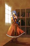  1girl blue_eyes blue_hair book braid breasts dress long_hair milard_rune shoes tales_of_(series) tales_of_phantasia window 