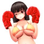 ;) bangs bare_shoulders bikini blush boxing_gloves breasts brown_eyes brown_hair copyright_request glasses large_breasts navel one_eye_closed popopon red-framed_eyewear simple_background smile solo string_bikini swimsuit underboob 