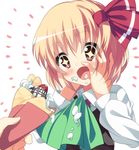  1girl bad_id bad_pixiv_id blonde_hair blush bow crepe face food food_on_face food_wrapper hair_bow hair_ribbon hands_on_own_face happy napkin red_eyes ribbon rumia short_hair solo sparkle takashiru touhou upper_body 