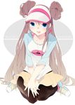  :d bad_id bad_pixiv_id blue_eyes brown_hair collarbone double_bun full_body kneeling long_hair mei_(pokemon) open_mouth pantyhose petitbisou pokemon pokemon_(game) pokemon_bw2 raglan_sleeves sitting skirt smile solo transparent_background twintails visor_cap wariza x_arms 