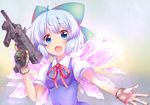  ahoge blue_eyes blue_hair bow cirno em_s fang gloves gun hair_bow holding holding_gun holding_weapon looking_at_viewer minebea_pm-9 ribbon short_hair solo submachine_gun touhou trigger_discipline weapon wings 