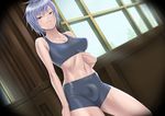  1girl blue_eyes blue_hair breasts bulge dutch_angle electric_sheep erect_nipples female final_fantasy final_fantasy_type-0 futanari large_breasts looking_at_viewer medium_breasts midriff navel pantyhose seven_(fft-0) short_hair shorts skin_tight solo sports_bra tights toned 