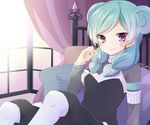  aqua_hair armband bad_id bad_pixiv_id bed beta_(inazuma_eleven) green_hair inazuma_eleven_(series) inazuma_eleven_go inazuma_eleven_go_chrono_stone izumi39 long_hair looking_at_viewer pantyhose pillow protocol_omega purple_eyes sitting smile solo unmoving_pattern white_legwear window 